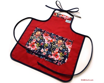 Children's apron with name, WATERCOLOR FLOWERS, dark red dark blue
