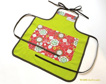 Children's apron with name, FLOWERS, lime red