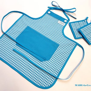 Children's apron with name + potholders - turquoise white checkered - children's apron baking apron cooking apron