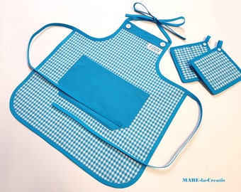 Tablier enfant avec nom + porte-pots - damier blanc turquoise - tablier pour enfants tablier de cuisson tablier de cuisson