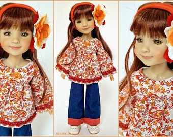 Doll clothes, 38 cm Ruby Red FF - Cream Boho Red Yellow Jeans