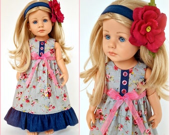 Doll clothes, 36 cm GÖTZ - LOTTA, roses - gray green apricot jeans blue