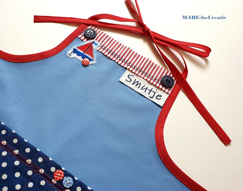 Children's Apron with Name Boat Blue Red Children's Apron School Apron Werkenschürze Back to School image 4