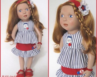 Puppenkleidung, Zwergnase, Unikat, 4 Teile Set, MASCHA - maritim blau weiß rot - Puppenkleid, Puppenkleidung 35 cm