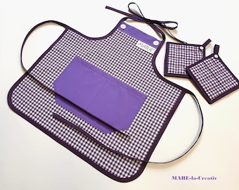 Children's apron with name + potholders - purple white checkered - children's apron baking apron cooking apron