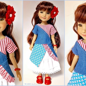 May include: A red-haired doll wearing a blue denim dress with red and white stripes, a white ruffled skirt, and a red flower in her hair.