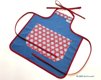 Children's apron with name - Flowers - jeans blue dark red - Children's apron School apron Factory apron Back to school