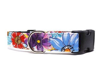 Bright Blossoms - Dog Collar / Colourful Multi Floral Design / Available in 2 widths for Medium to Large Puppies & Dogs