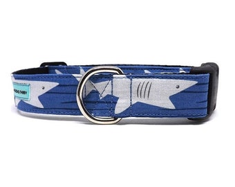Shark Tale Dog Collar | Grey and Blue Shark Dog Collar | Available in 2 widths