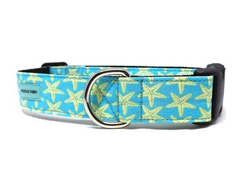 Starfish Dog Collar | Aqua Summer Starfish Collar | Available in 4 widths