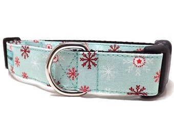 Snowflake Waltz Winter Dog Collar | Red, White & Wine Snowflake Dog Collar Available in 4 widths