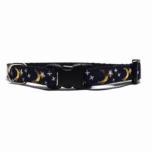 Cat Collar The Moonscape Navy | Metallic Gold Moon & Star Breakaway Cat Collar with Bell