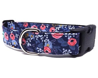 Rifle Paper Co Rosa Navy Dog Collar | Les Fleurs Floral Dog Collar | Available in 4 widths