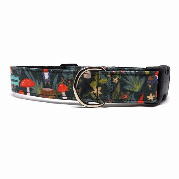 Woodland Gnomes - Dog Collar | Forest Gnomes and Mushrooms Dog Collar | Available in 3 widths