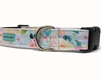 Blushing Bouquet Mint Dog Collar | Watercolour Floral Dog Collar | Available in 4 widths