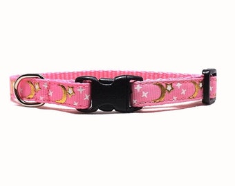 Cat Collar The Moonscape Pink | Metallic Gold Moon & Star Breakaway Cat Collar with Bell