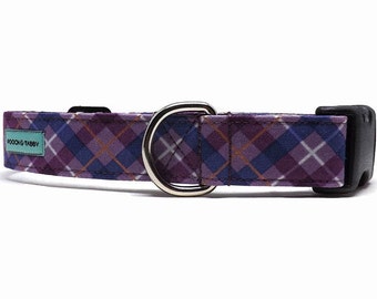 Iona Plaid Purple Dog Collar | Purple and Copper Metallic Dog Collar | Available in 4 widths