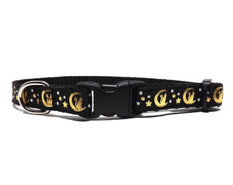 Cat Collar - 'The Cat in the Moon - Black' / Metallic Gold Moon & Star Design / Breakaway Kitten + Cat Collar with Removable Bell