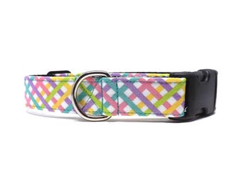 Bright Multicolour Plaid Dog Collar, 'Sugar Plaid',  Available in 4 widths