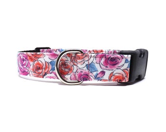 Rosie - Dog Collar / Pink & Coral Hand-Drawn Roses Design / Available in 3 widths for Small to Large Puppies + Dogs