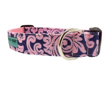 Retro Nouveau Dog Collar | Available in 4 widths for Mini Dogs to Large Dogs | Pink and Blue Floral Dog Collar