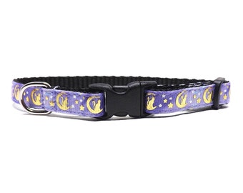 Cat Collar - 'The Cat in the Moon - Purple' / Metallic Gold Moon & Star Design / Breakaway Kitten + Cat Collar with Removable Bell