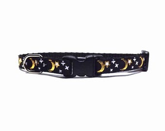 Starry Night Cat Collar - 'Moonscape - Black', Gold Moon + Stars, Breakaway for Kittens & Cats with Bell