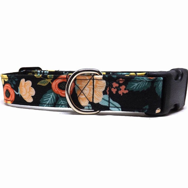 Rifle Paper Co Birch Black - Dog Collar / Yellow and Peach Floral Design / Available in 3 widths for Small to Large Puppies & Dogs