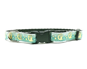 Cat Collar - 'The Cat in the Moon - Ombre Green' / Metallic Gold Moon & Star Design / Breakaway Kitten + Cat Collar with Removable Bell