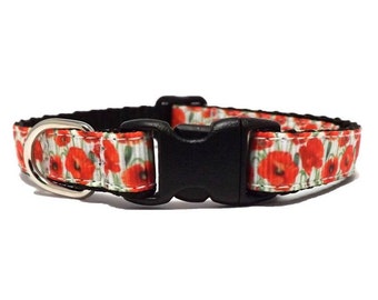 Cat Collar - 'The Poppy' / Red Poppies Floral Design / Breakaway Kitten & Cat Collar with Removable Bell