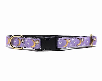 Cat Collar -  'The Moonscape - Lavender' / Metallic Gold Moon + Star Design / Breakaway Kitten & Cat Collar with Removable Bell