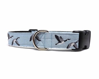 Canadian Geese - Dog Collar / Flying Canada Goose Light Blue Design / Available in 2 widths for Medium to Large Puppies & Dogs