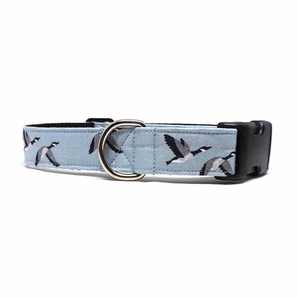 Canadian Geese - Dog Collar / Flying Canada Goose Light Blue Design / Available in 2 widths for Medium to Large Puppies & Dogs