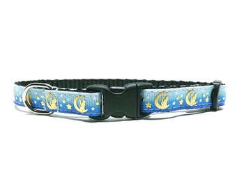 Cat Collar - 'The Cat in the Moon - Aqua and Blue' / Metallic Gold Moon & Star Design / Breakaway Kitten + Cat Collar with Removable Bell