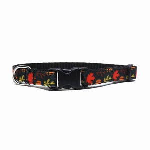 Könnte beinhalten: Ein schwarzes Haustierhalsband mit einem sich wiederholenden Muster aus Herbstblättern in Rot-, Orange- und Gelbtönen. Das Halsband verfügt über eine schwarze Kunststoff-Steckschnalle, einen silberfarbenen Metall-D-Ring und einen Kunststoffschieber.