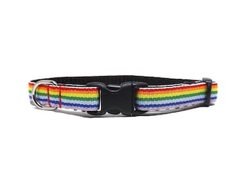 Striped Cat Collar, 'The Rainbow', Colourful Rainbow Stripe Breakaway for Kittens + Cats with Bell