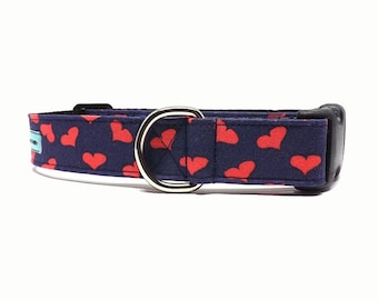 Heart Throb Dog Collar | Navy Tossed Hearts Valentine's Day Dog Collar | Available in 3 widths