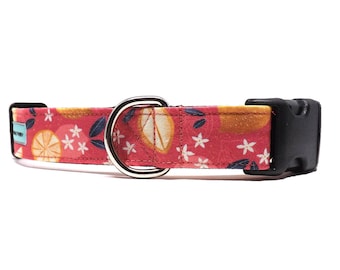 Citrus Grove - Dog Collar / Lemons and Slices + White Floral Design / Available in 2 widths for Medium to Large Puppies & Dogs