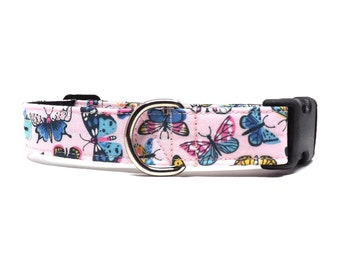 Social Butterfly - Pink Dog Collar / Colourful Butterfly Design, Water & Stain-Resistant Option / Available in 3 widths, For Puppies, Dogs