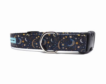 Celestial Dog Collar - 'To The Moon' - Crescent Moon & Stars Design, Available in 1" Width Only