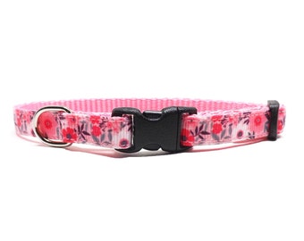 Cat Collar - 'Pixie Posy' / Pink and White Spring Floral Design / Breakaway Kitten + Cat Collar with Removable Bell