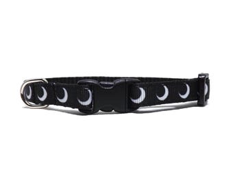 Crescent Moon Cat Collar - 'The Twilight', Black & White Adjustable Breakaway Kittens + Cats with Bell