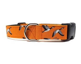 Canadian Geese - Dog Collar / Flying Canada Goose Dark Orange Design / Available in 2 widths for Medium to Large Puppies & Dogs