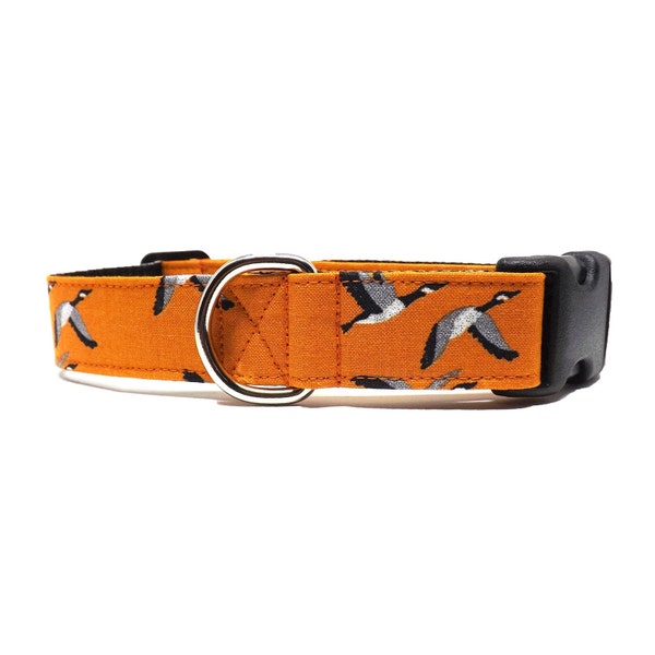 Canadian Geese - Dog Collar / Flying Canada Goose Dark Orange Design / Available in 2 widths for Medium to Large Puppies & Dogs