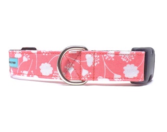 Floral Silhouettes - Dog Collar / Coral-Pink & White Blowing Flowers Design / Available in 3 widths for Small to Large Puppies + Dogs