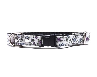 Cat Collar - 'Petite Petals' / Tiny Purple + Blue Vine Floral Design / Breakaway Kitten & Cat Collar with Removable Bell / 1/2" Width Only