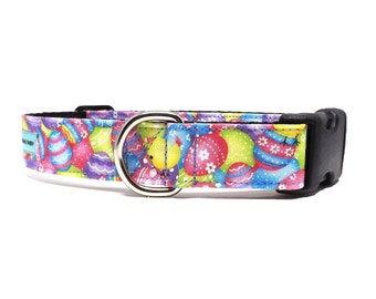 Egg Hunt - Dog Collar / Colourful Easter Egg + Chick Design / Available in 3 widths for Small to Large Puppies & Dogs