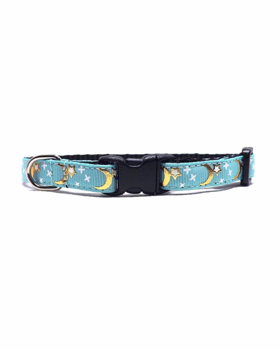Gold Moon Cat Collar, 'The Moonscape - Aqua', Breakaway Kitten + Cat Collar with Bell