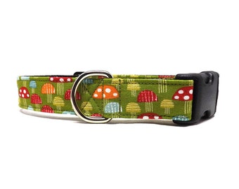 Vintage Mushrooms - Dog Collar / Colourful Mushroom & Toadstool Collar Design / Available in 3 widths