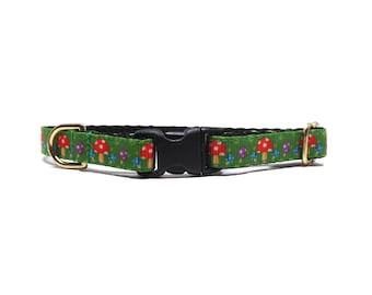 Mushroom Cat Collar, 'The Magic Mushroom', Polka Dot Toadstools,  Breakaway For Kittens + Cats with Bell